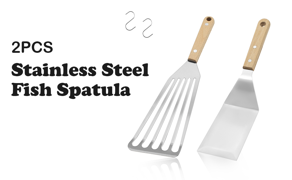 2pcs Fish Spatula, TACYKIBD Stainless Steel Spatula Turner with Wooden Handle and Hooks, 12 Inch