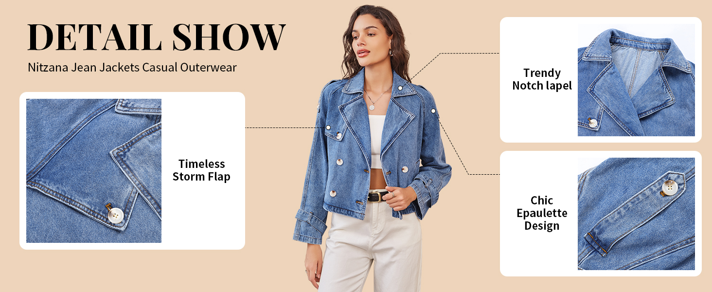 Denim Jacket for Women Cropped Trench Coat Double Breasted Lightweight Jean Jackets Casual Outerwear