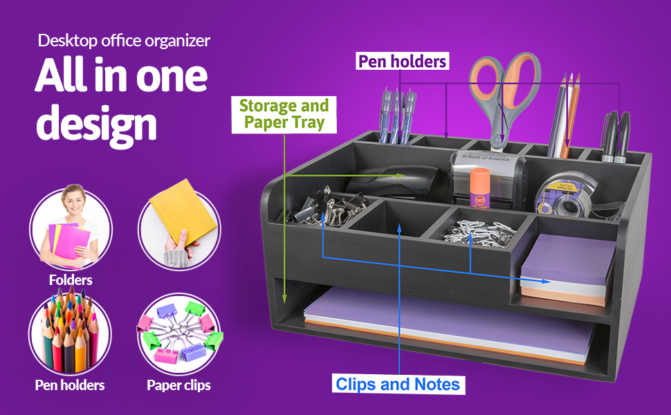 MissionMax Large Black Pine Wood Desk Organizer with File