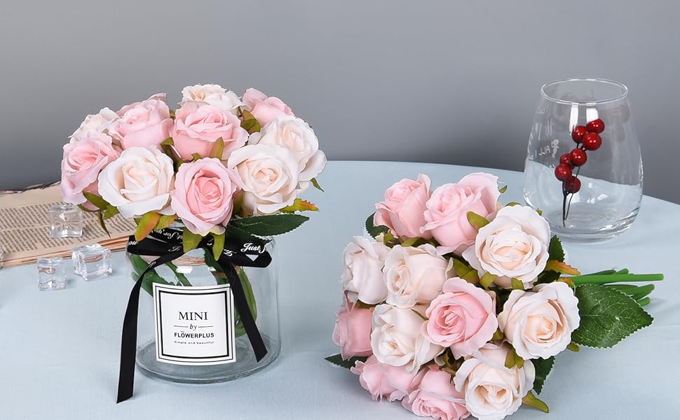 Krelymics 2pcs Artificial Roses Artificial Bouquet with 24 Rose Heads