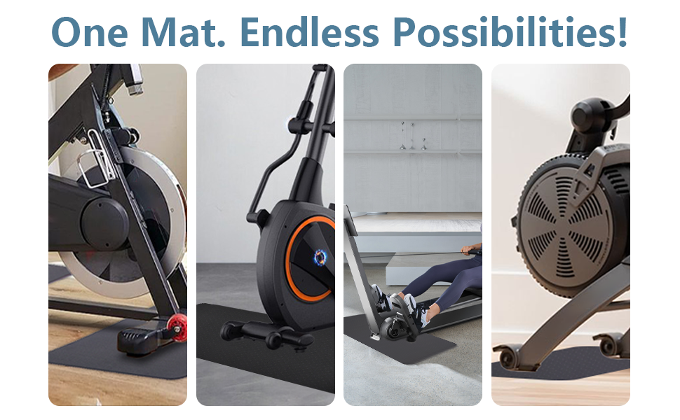 Exercise mat compatible with spin bikes, rowing machines, and ellipticals for flexible use