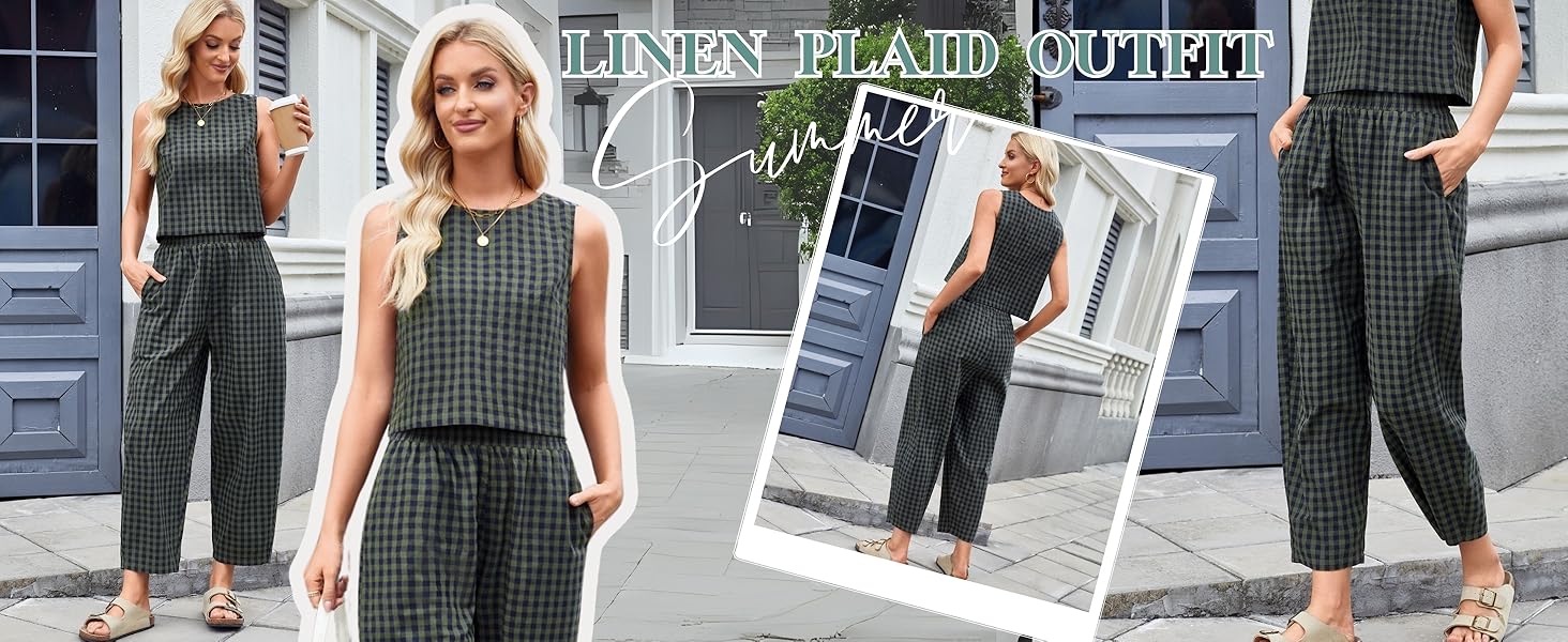 Sleeveless plaid jumpsuit with wide-leg pants. Dark gray and white checkered pattern. Shown from multiple angles on a model, featuring a fitted waist and loose, comfortable fit.