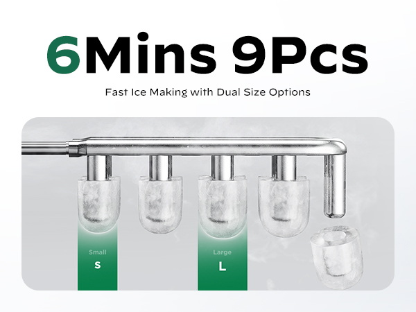 ice making with dual size options: 6 mins, 9 pcs