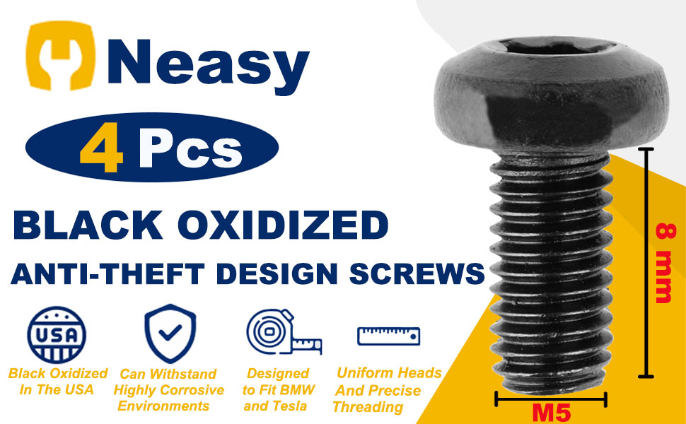 Black License Plate Screw Pack of 4 AntiTheft Design 18