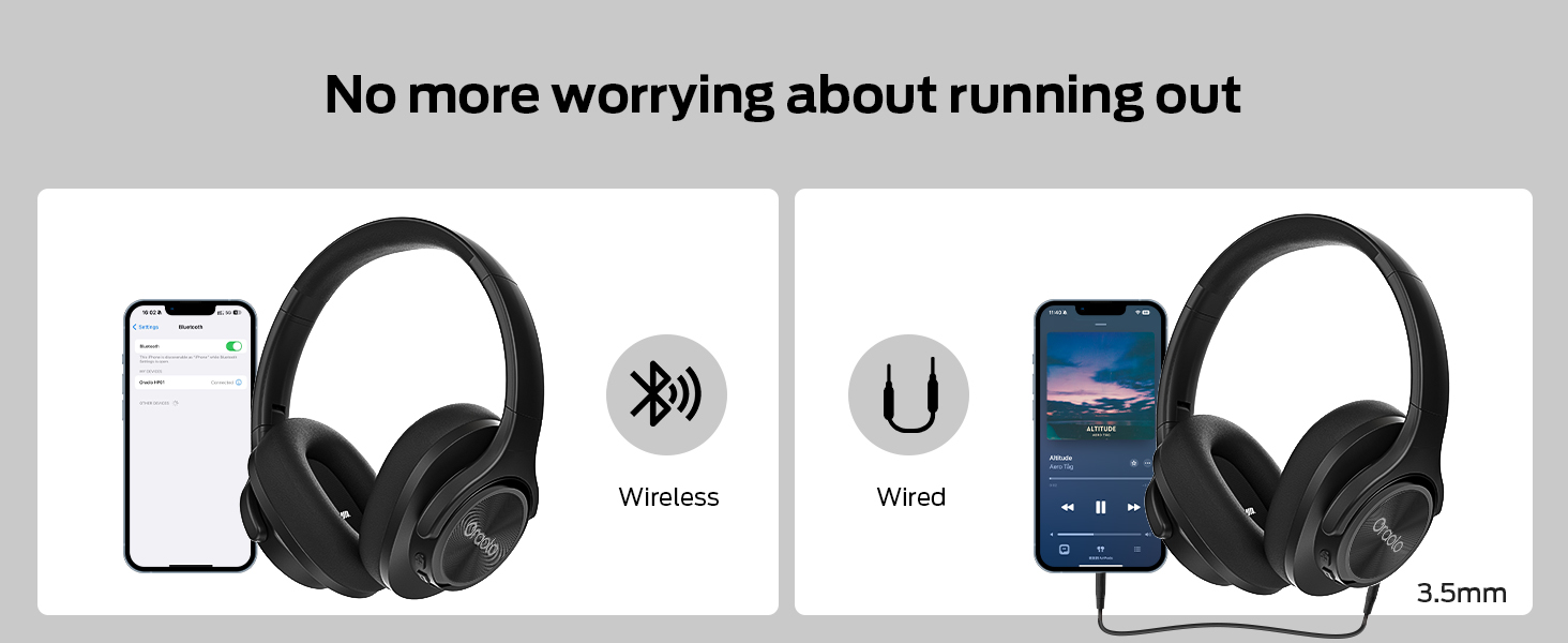 Text reads 'No more worrying about running out'. Product image showing wireless headphones in black color with phone interface displaying connectivity status.