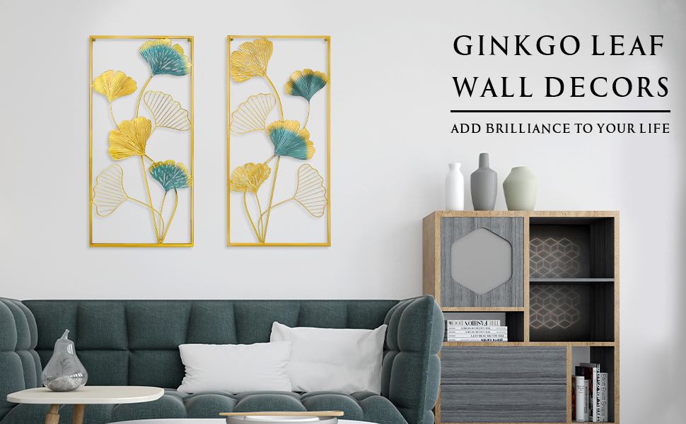 HUIZHILANXIN Metal Wall Art Set of 2 Gold Wall Decor Ginkgo Leaf Wall Decorations with Frame for Living Room Bedroom Study Room Home Office (33.5" X 15.75") 8 Elegant Home Style Wall Art Decoration Dimensions