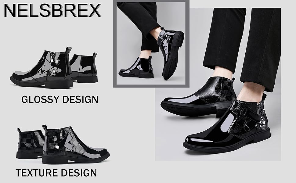 Amazon.com | Men's Patent Leather Chunky Heel Chelsea Boots