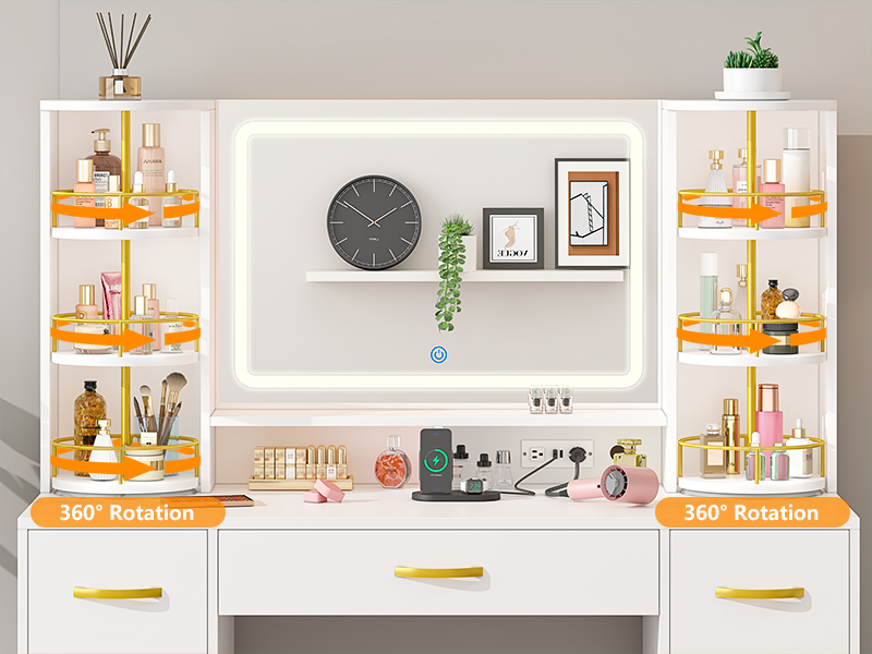 makeup vanity desk with 360 rotating makeup organizer shelves