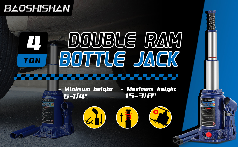 BAOSHISHAN 4 Ton Double Ram Bottle Jack 61/4" to 153/8" Lifting Range