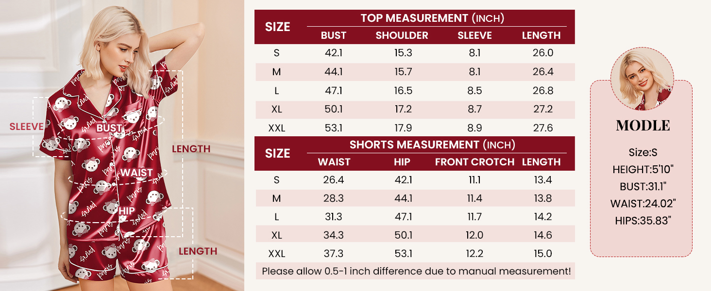 Ekouaer Silk Pajamas Women Funny Teddy Sleepwear Comfy Short Sleeve Button Up Satin Pjs Shorts Set