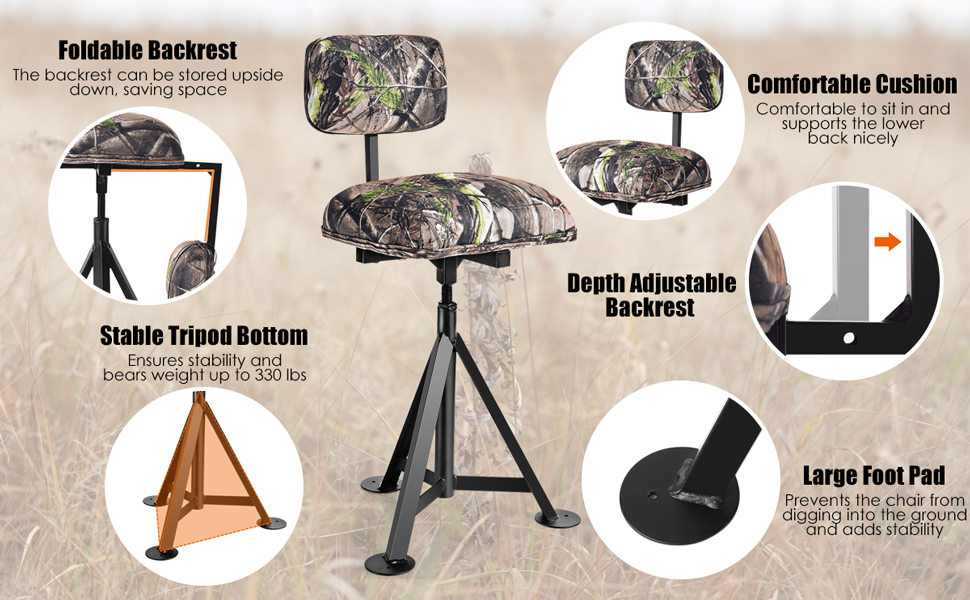 Tangkula 360° Swivel Camo Hunting Chair, MultiPosition Hunting Chair w/Detachable Backrest