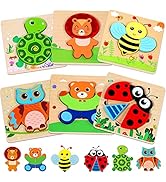 Giocattoli puzzle colorati in legno con simpatici disegni animati di insetti, rane, orsi, api e altre creature con manici a pomello per una facile presa.