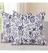 decorUhome Floral Throw Pillow Covers 18x18 Inch Set of 2, Navy Blue Vintage Block Print Linen Fa...