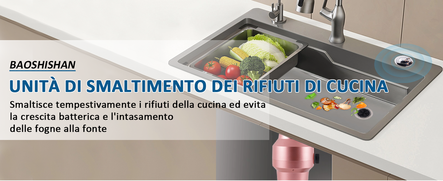 Lavello da cucina con unità di smaltimento dei rifiuti integrata. Doppia vasca in acciaio inossidabile con verdure e rubinetto a vista. Nome e descrizione del prodotto in testo italiano