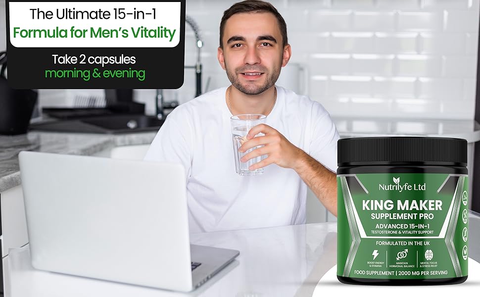 Natural energy and vitality – man taking a 15  in 1 premium testosterone booster for better stamina 
