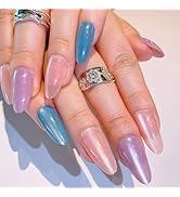 Press on Nails Kits Short Almond False Nails with Pink Blue Purple Full Cover Designs Fake Nails ...