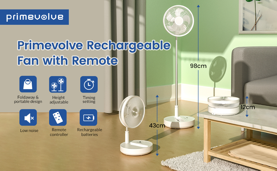 Primevolve 10 inch Oscillating Fan with Remote, Battery Operated Fan
