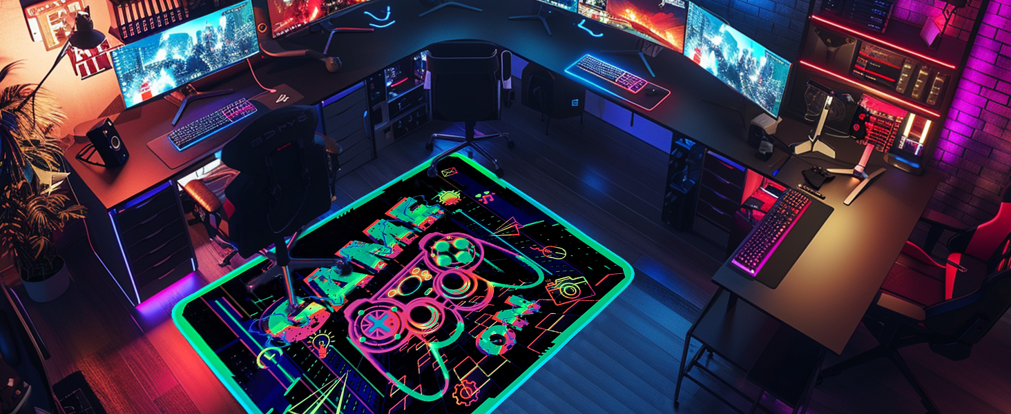 Blacklight Gaming Area Rug, UV Reactive 3D Game Controller Rug, Large