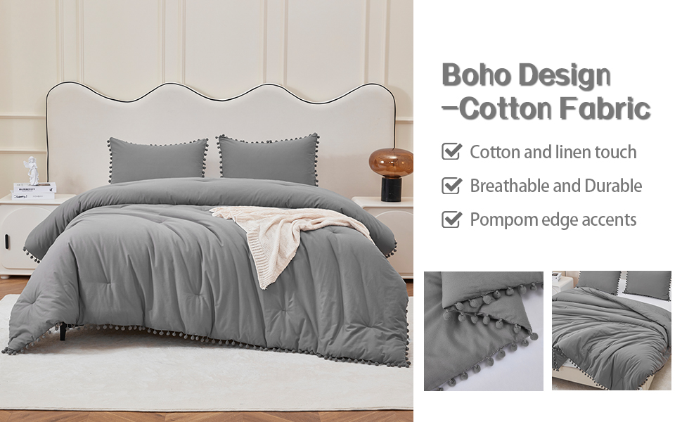 FROHAUL Gray Queen Comforter Set with Pom Pom Fringe,Cotton
