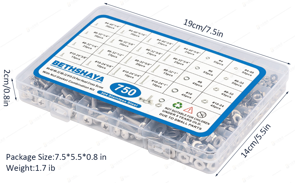 Bethshaya 750pcs Small Nut and Bolt Assortment Kit 304 Stainless