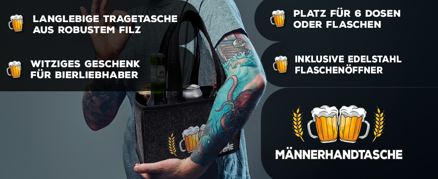 Werbung für Herrenhandtaschen mit einer blauen Jeanstasche mit Bierflaschentaschen. Enthält einen Flaschenöffner aus Edelstahl und betont die Haltbarkeit für Bierliebhaber