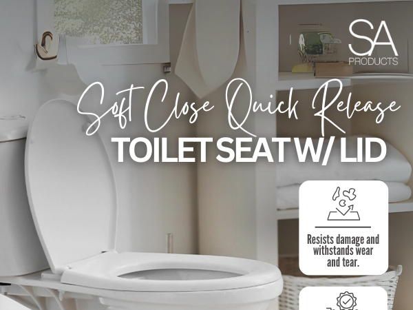 White toilet seat with lid, featuring soft close and quick release functionality. Product claims to resist damage and withstand weight.