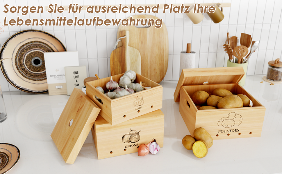 Giklux 3 Stück Kartoffel Aufbewahrungsbox Holz mit Deckel, Knoblauch ... Giklux 3 Stück Kartoffel Aufbewahrungsbox Holz mit Deckel, Knoblauch ...