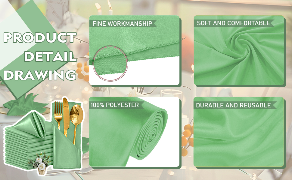 Eychei 50 Pieces Sage Green Satin Napkins, 17" x 17" Square