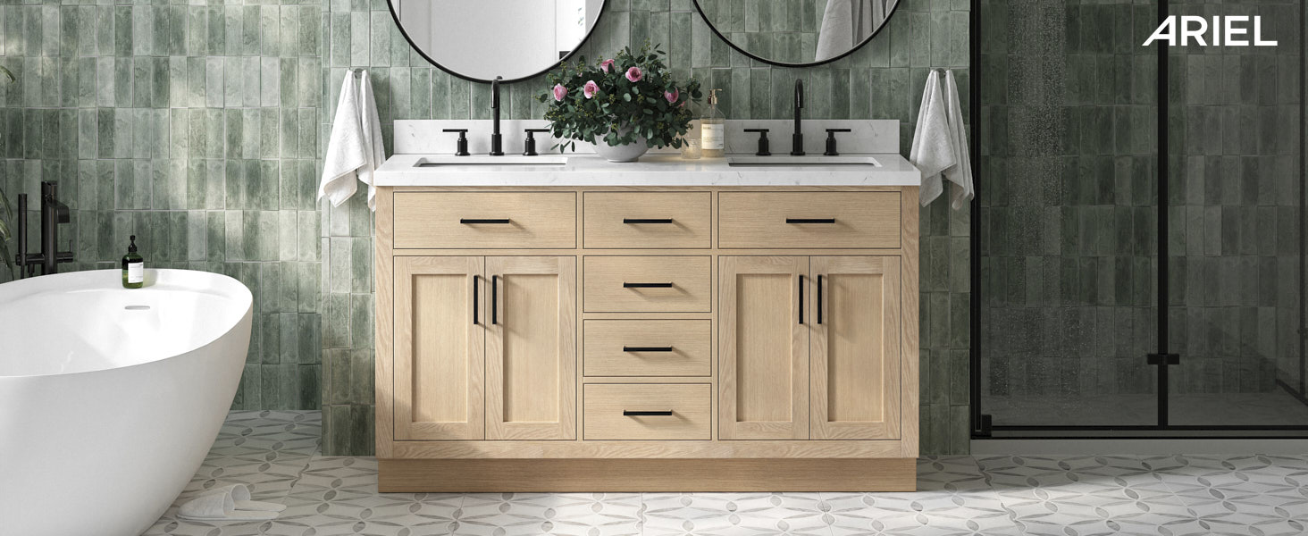 ARIEL Hepburn 60 Inch Oak Double Bathroom Vanity with Sink, Carrara