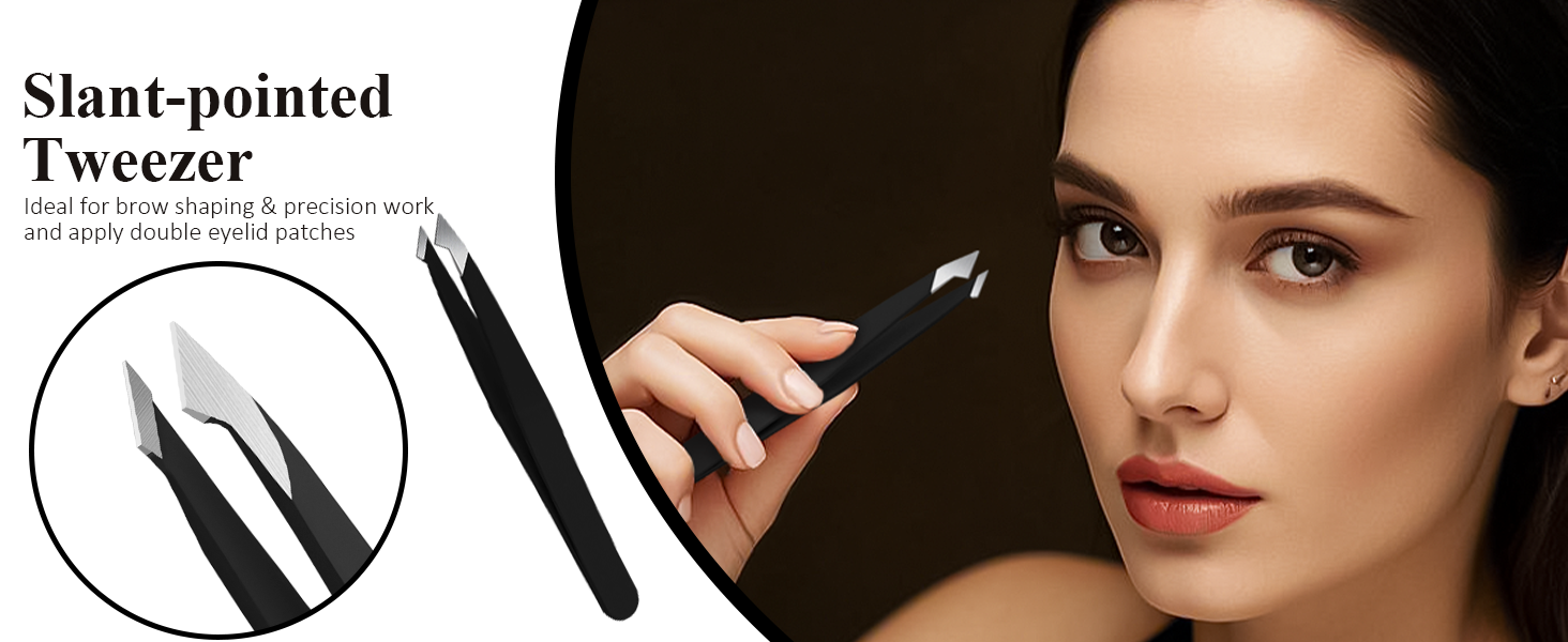 Slant-pointed tweezer with black handle and angled tip. Close-up insert shows precision point. Woman demonstrating use near eyebrow area.
