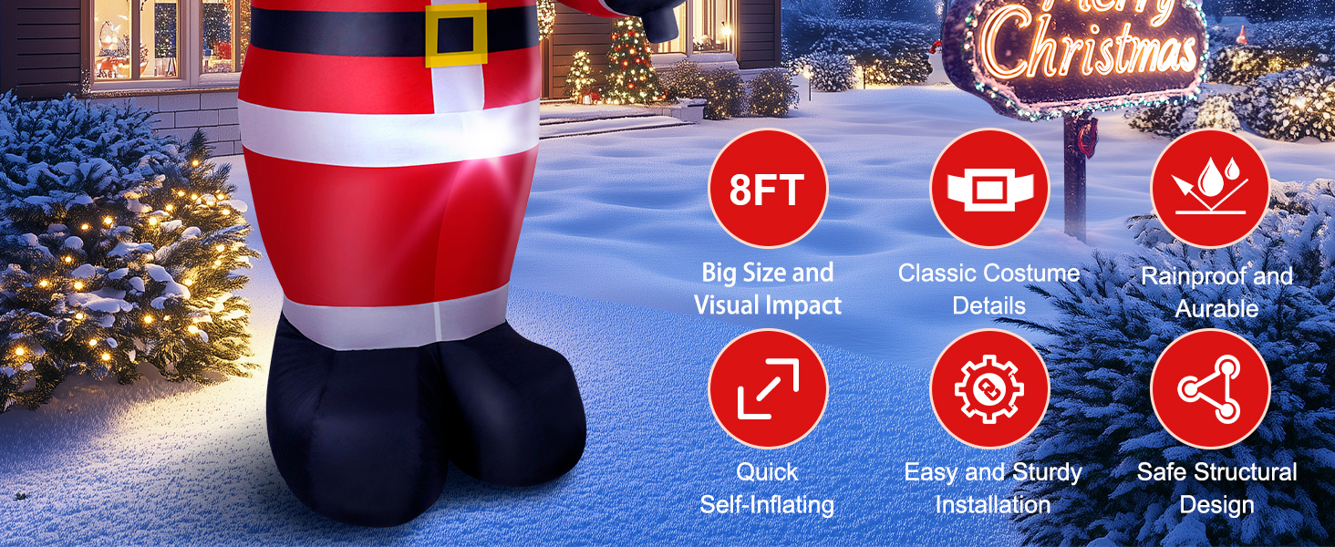 Inflatable Santa legs decoration with features including 6ft height, classic design, weather-resistant, easy setup, energy-saving LED lights, and indoor/outdoor use.