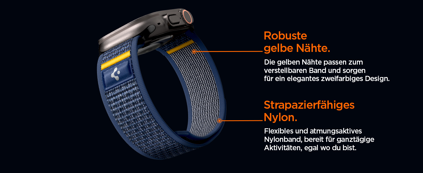 Der Text lautet „Robuste blaue Nähte“ και „Strapazierfähiges Nylon“. Nahaufnahme aus blauem strukturiertem Υλικό mit detailliertem Stickmuster.