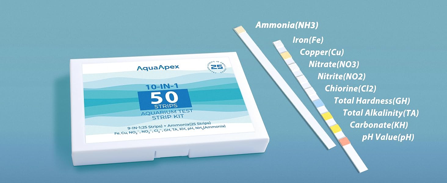 The table is filled with 10-IN-1 fish tank test strips.