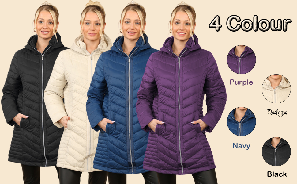 True Face Women's Long Quilted Puffer Jacket, Warm Hooded Winter Coat, Lightweight Casual Outerwear