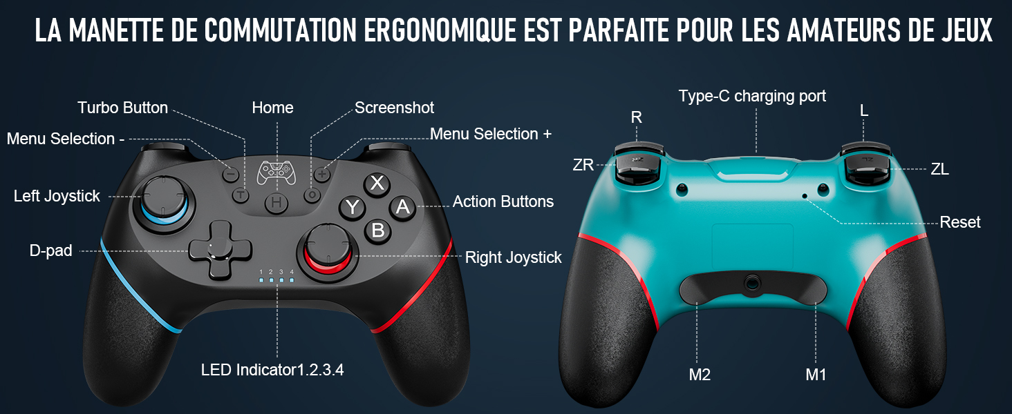 noire et turquoise avec boutons et joysticks étiquetés. Les fonctionnalités incluent un port de charge de type C, des indicateurs LED et des boutons d'action. Vues avant et arrière affichées.