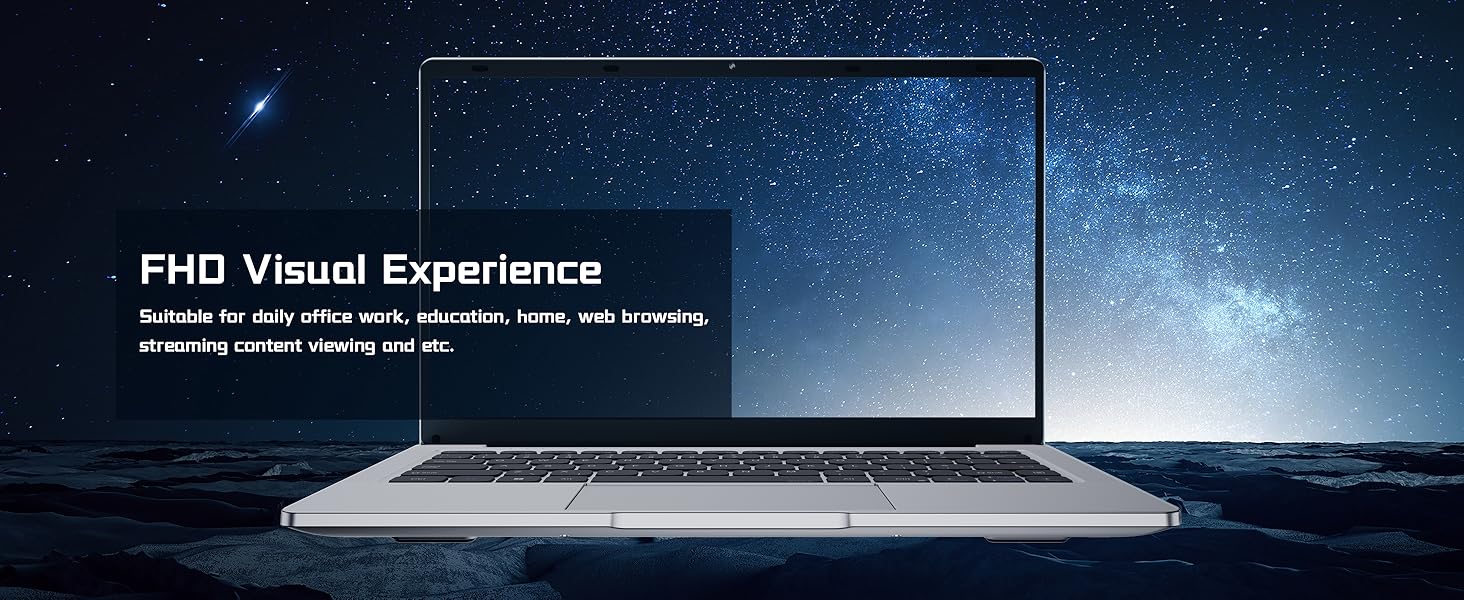 Text reads 'FHD Visual Experience' followed by smaller text. Laptop display showing starry night sky background with computer mockup floating in space.