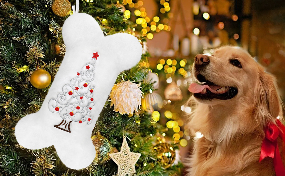 Yoochee Pet Dog Christmas Stocking, Snowy White Plush Large Bone Shape Dog Christmas