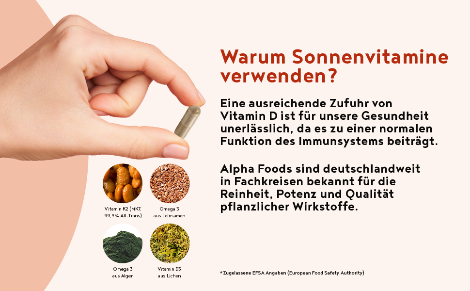 Vitamin D3, K2 (vitaMK7, 99,99 AllTrans) und pflanzliche Omega 3