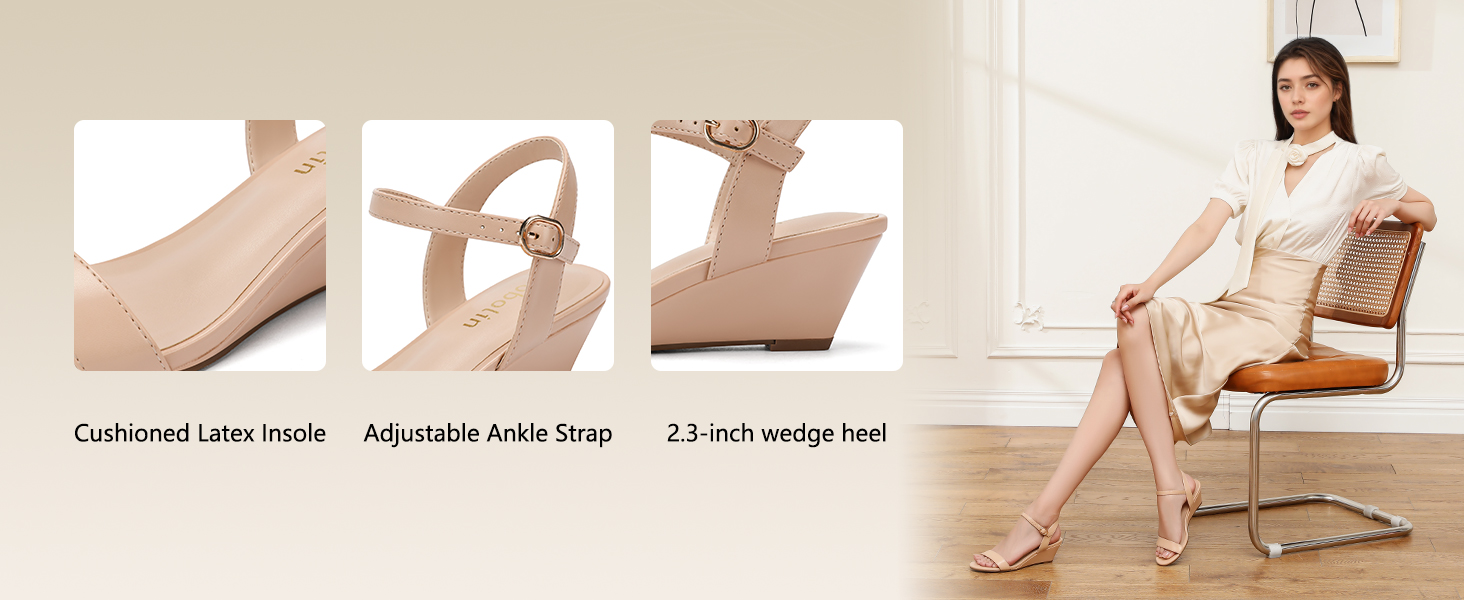 cushioned latex insole, adjustable ankle strap, 2.3-inch wedge heel