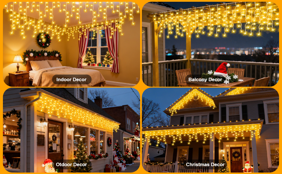 Shopping center or retail storefront decorated with warm yellow string lights and icicle lights creating a festive evening atmosphere.