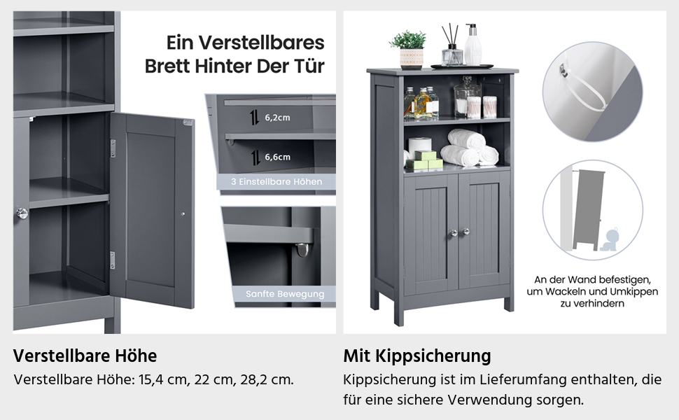Gray bathroom cabinet with adjustable shelf heights, tilt-prevention feature, and hidden shelf behind the door. Multiple views show dimensions and features.