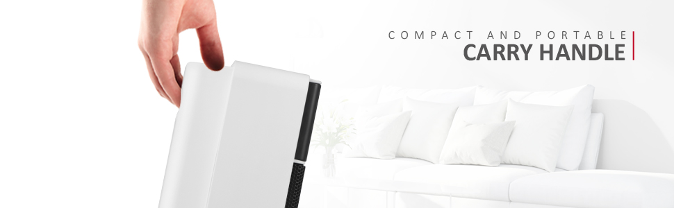 Text reads 'COMPACT AND FOLDABLE CARRY HANDLE'. Close-up view of a white object being held, showing a carrying handle feature.