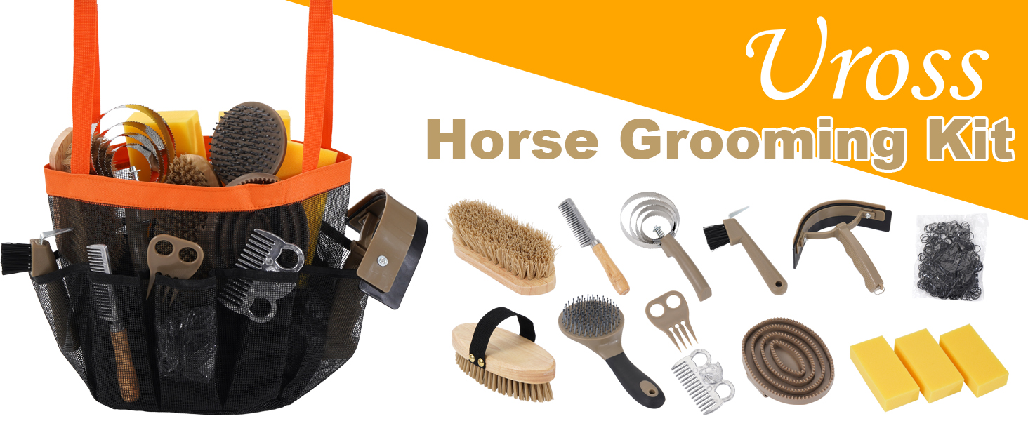 Text reads 'Horse Grooming Kit' and 'Uross'. Collection of horse grooming tools including brushes, combs, and cleaning implements arranged in product display.