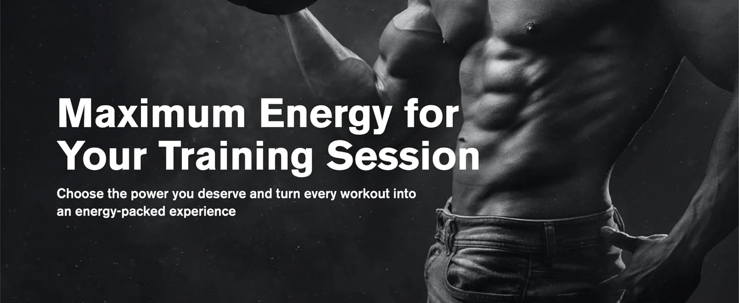 Black and white image of a muscular torso during exercise. Text overlay reads 'Maximum Energy for Your Training Session' with additional promotional text below.