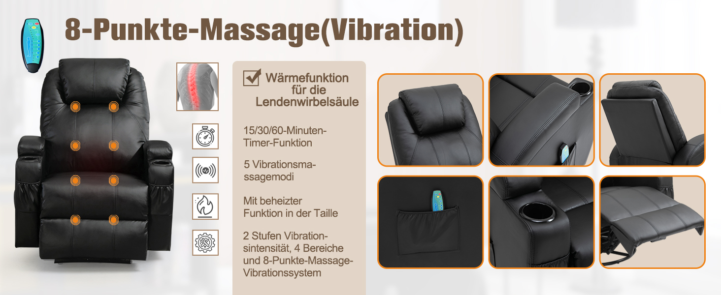 Schwarzes Massagesesselpolster mit 8-Punkt-Vibrationssystem, mit mehreren Bedienungseinstellungen und verstellbaren Abschnitten, die in detaillierten Produktansichten dargestellt
