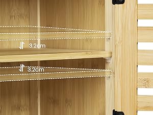 Wooden shelving unit with two visible shelves. Measurements of 3.2cm are shown for the spacing between shelves. Light-colored wood construction.