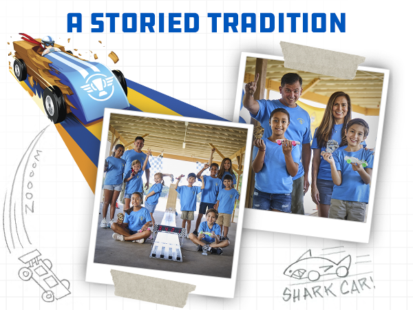A Storied Tradition text with family in blue holding Pinewood car kit racing