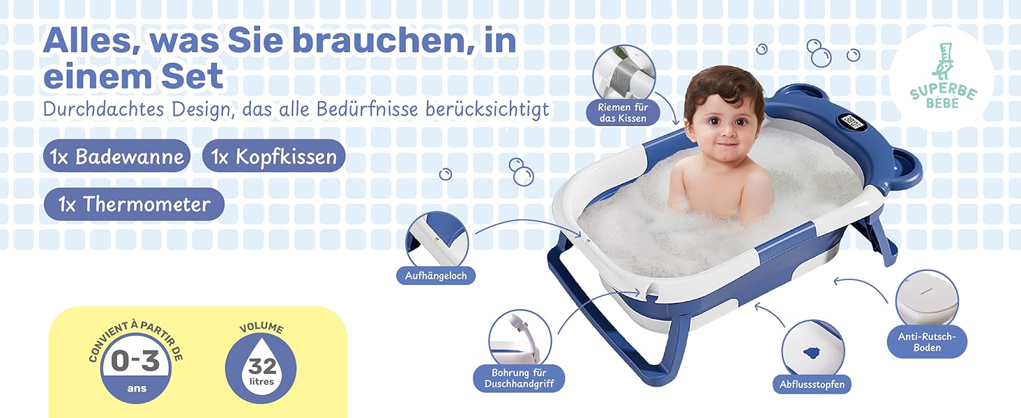 Faltbare Babybadewanne mit Badesitz/Badewanne XXL mit Thermometer zur Kontrolle der Wassertemperatur