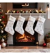 Fohil 4 Pack White Christmas Stockings, 16 Inch Faux Fur Sequin Gold Silver Snowflake Christmas S...