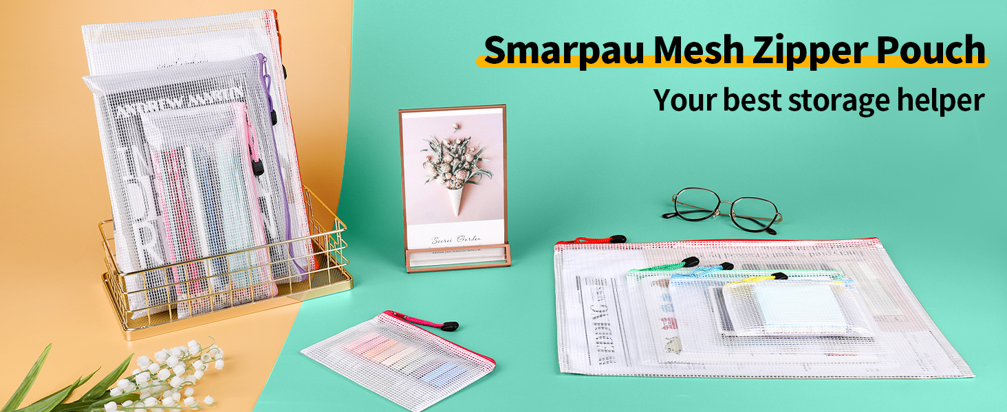 Smarpau 44pcs Mesh Zipper Pouch, 8 Sizes 11 Colors Plastic
